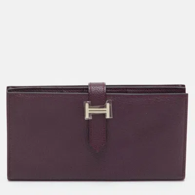 Pre-owned Hermes Raisin Epsom Leather Palladium Finish Bearn Wallet In Purple
