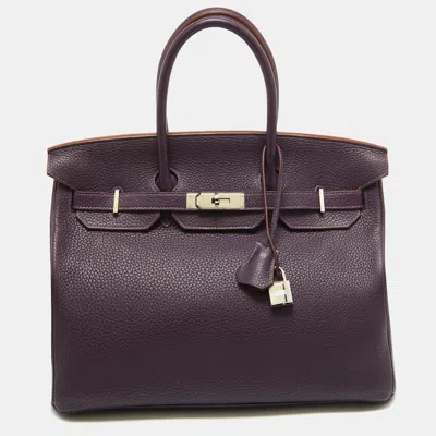 Pre-owned Hermes Raisin Taurillon Clemence Leather Palladium Finish Birkin 35 Bag In Purple