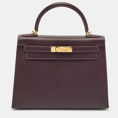 Pre-owned Hermes Hermès Raisin/bleu De Malte Epsom Leather Gold Finish Kelly Sellier 28 Bag