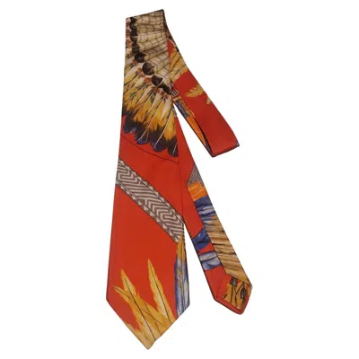 Pre-owned Hermes Rare Hermès Peacock Plumes Silk Tie In Brown