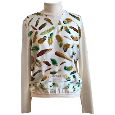 Pre-owned Hermes Rare Vintage  Henri De Linares Plumes Print Silk Front Turtleneck Sweater In Gray
