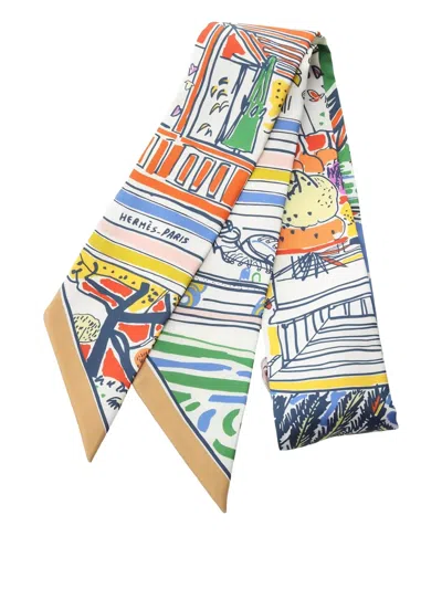 Pre-owned Hermes Rayures D'ete Ribbon Scarf In Blue