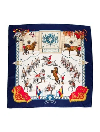 Pre-owned Hermes Real Escuela Andaluza Del Arte Ecuestre Silk Scarf In Blue