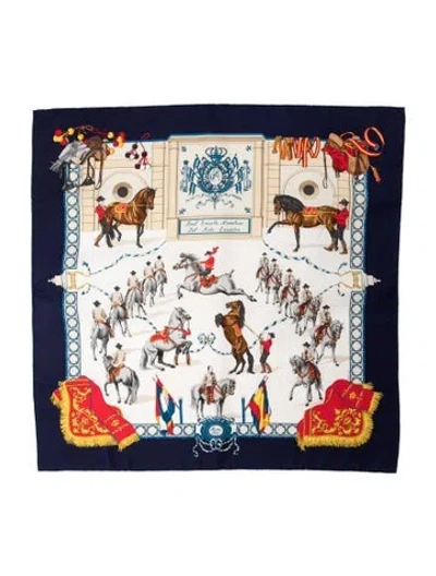 Pre-owned Hermes Real Escuela Andaluza Del Arte Ecuestre Silk Scarf In Blue