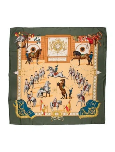 Pre-owned Hermes Real Escuela Andaluza Del Arte Ecuestre Silk Scarf In Green