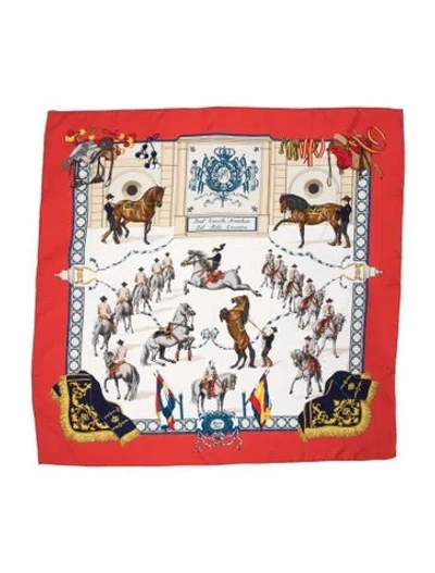 Pre-owned Hermes Real Escuela Andaluza Del Arte Ecuestre Silk Scarf In Red