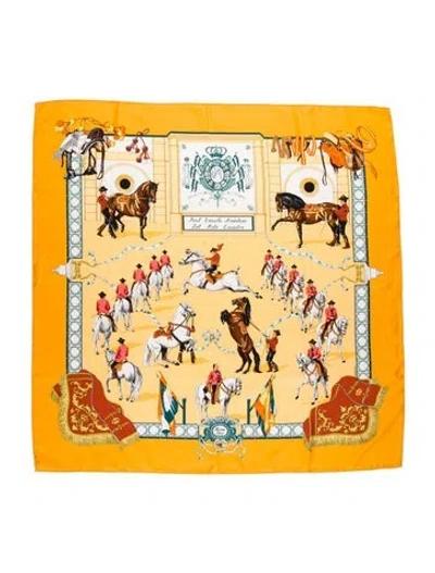 Pre-owned Hermes Real Escuela Andaluza Del Arte Ecuestre Silk Scarf In Yellow