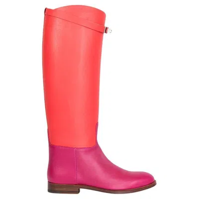 Pre-owned Hermes Red & Pink Leather Ltd Ed Jumping Knee High Flat Boots Shoes 38