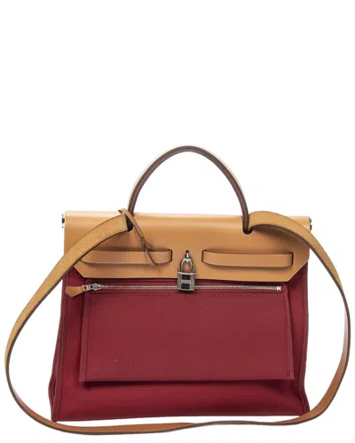 Pre-owned Hermes Red & Tan Toile Officier Canvas Herbag Zip (authentic Pre-loved)