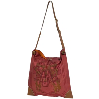 Pre-owned Hermes Red Brown Silk Leather Pouch Shoulder Bag ()