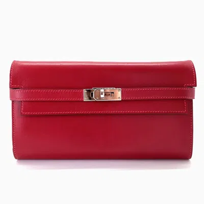 Pre-owned Hermes Red Color Box Calf Leather Long Wallet (bi-fold) ()