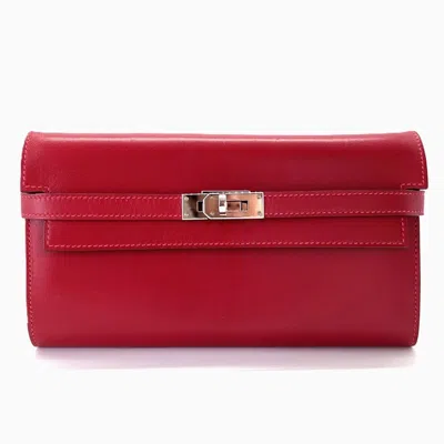 Pre-owned Hermes Red Color Box Calf Leather Long Wallet (bi-fold) ()