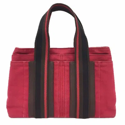 Pre-owned Hermes Red Color Canvas Leather Tote Bag ()