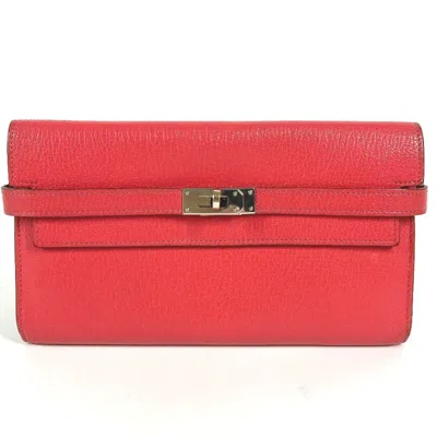 Pre-owned Hermes Red Color Chevre Leather Long Wallet (bi-fold) ()