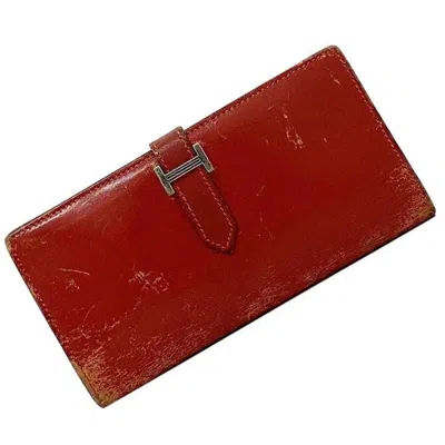 Pre-owned Hermes Red Color Leather Long Wallet (bi-fold) ()