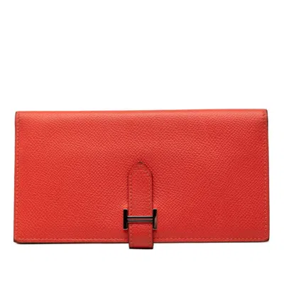 Pre-owned Hermes Red Color Rose Jaipur Epsom Leather Long Wallet (bi-fold) () In Red Color, Rose Jaipur