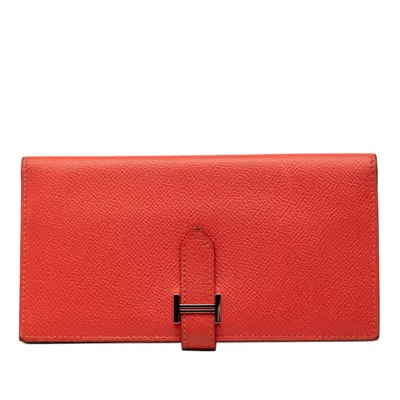 Pre-owned Hermes Red Color Rose Jaipur Epsom Leather Long Wallet (bi-fold) () In Red Color, Rose Jaipur