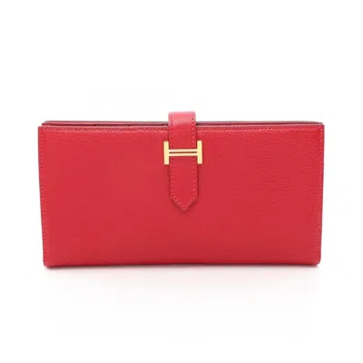 Pre-owned Hermes Red Color Rouge Casaque Chevre Leather Long Wallet (bi-fold) () In Red Color, Rouge Casaque
