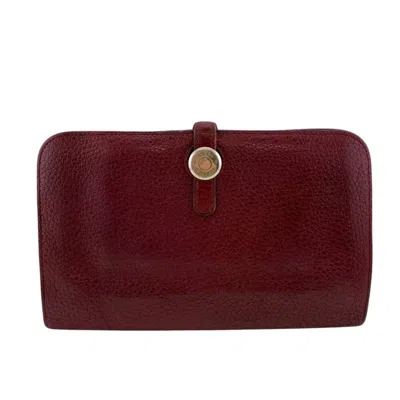 Pre-owned Hermes Red Color Taurillon Clemence Leather Long Wallet (bi-fold) ()