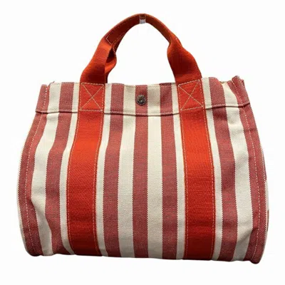 Pre-owned Hermes Red Color White Canvas Handbag Tote Bag ()