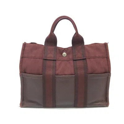 Pre-owned Hermes Red Color Wine Canvas Leather Handbag Tote Bag ()