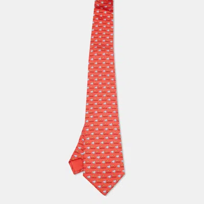 Pre-owned Hermes Hermès Red Duck And Fish Print Silk Tie