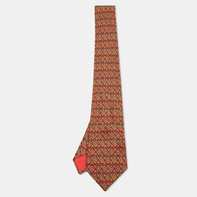Pre-owned Hermes Red Geometric Floral Print Silk Tie