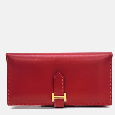 Pre-owned Hermes Red Leather Bean Long Wallet