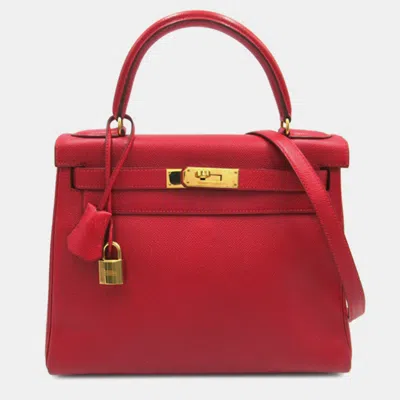 Pre-owned Hermes Red Leather Courchevel Kelly 28
