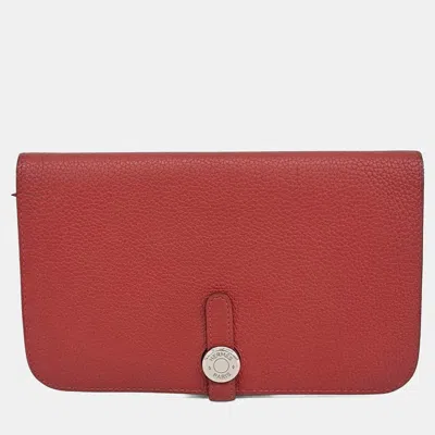 Pre-owned Hermes Red Leather Dogon Long Wallet (a)