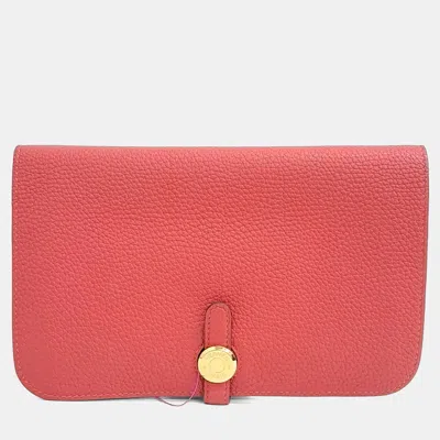 Pre-owned Hermes Red Leather Dogon Long Wallet (x)