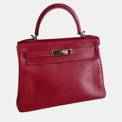 Pre-owned Hermes Red Leather Kelly 28 Top Handle Bag