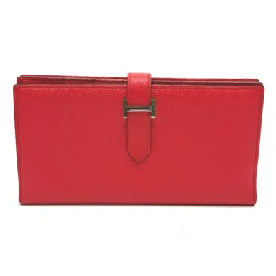 Pre-owned Hermes Red Leather Long Wallet (bi-fold) ()