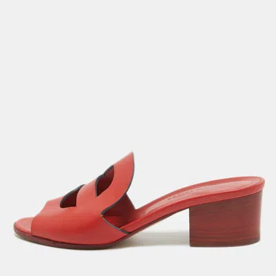 Pre-owned Hermes Red Leather Mona Block Heel Slide Sandals Size 36.5