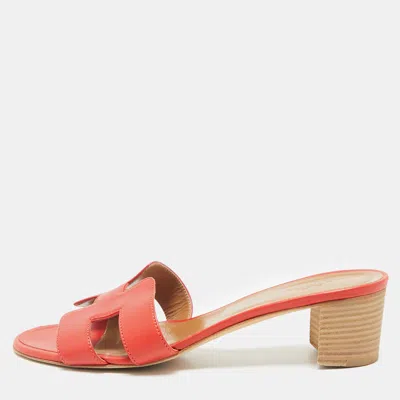 Pre-owned Hermes Red Leather Oasis Slides Size 39