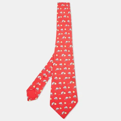 Pre-owned Hermes Hermès Red Mouse And Cheese Print Silk Classic Tie