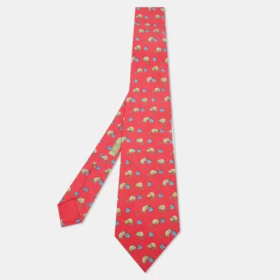 Pre-owned Hermes Hermès Red Mouse And Cheese Print Silk Classic Tie