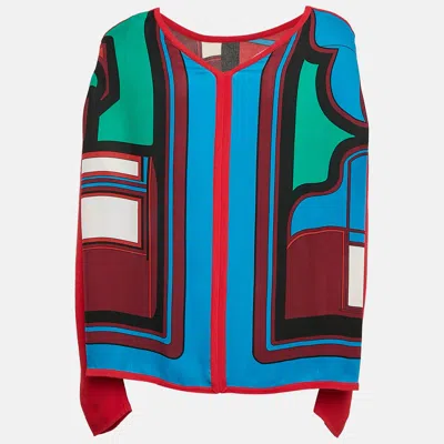 Pre-owned Hermes Red Printed Silk And Knit Long Sleeve Top L