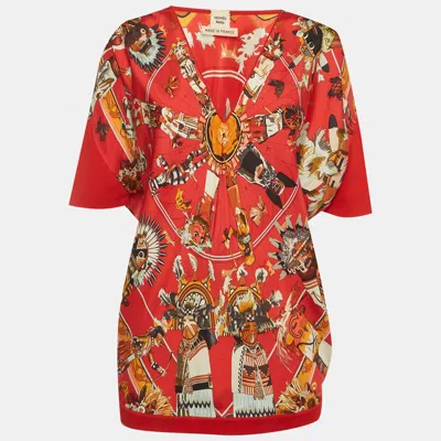 Pre-owned Hermes Red Printed Silk Blouse S