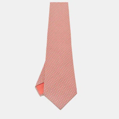 Pre-owned Hermes Hermès Red Printed Silk Traditional Tie