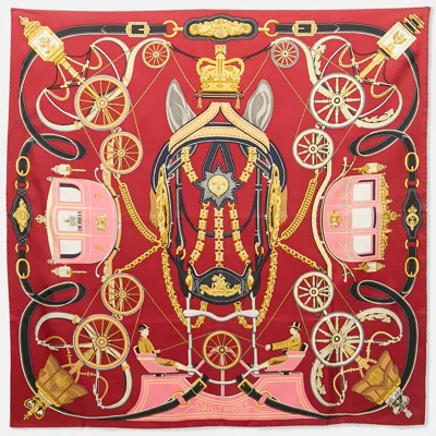 Pre-owned Hermes Hermès Red Silk Stately Wheels Scarf 90