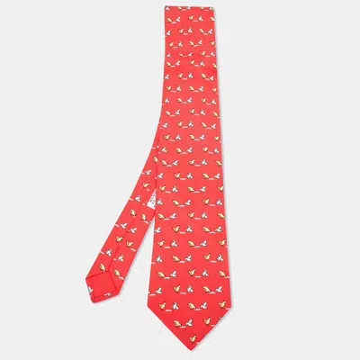 Pre-owned Hermes Hermès Red Whimsical Chickens Print Silk Classic Tie