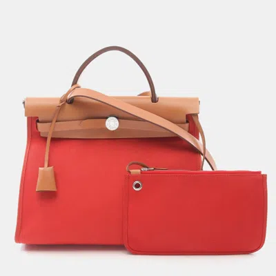 Pre-owned Hermes Red/brown Toile And Leather Herbag Zip 31 Handbag