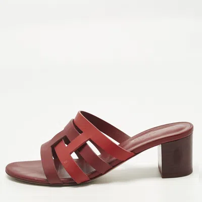 Pre-owned Hermes Red/burgundy Leather Amika Slide Sandals Size 40