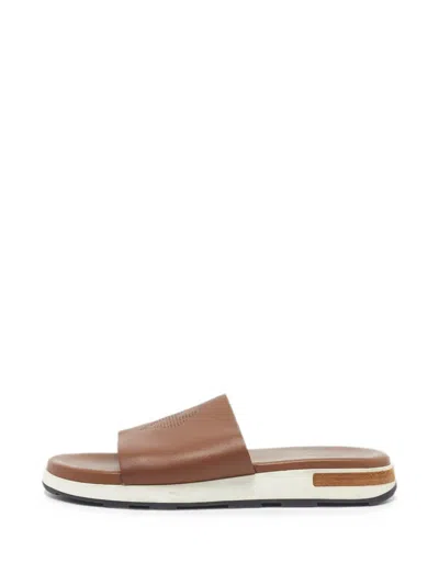 Pre-owned Hermes Reflex H Leather Flat Sandals In Brown