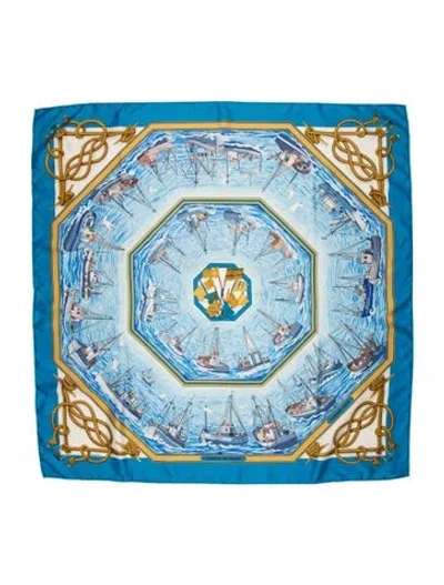Pre-owned Hermes Retour De Pêche Silk Scarf In Blue