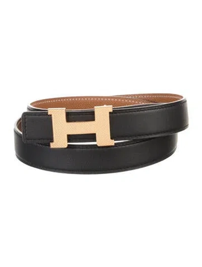 Pre-owned Hermes Reversible 24 Mm Guilloché Belt Kit In Black