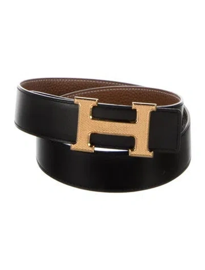 Pre-owned Hermes Reversible 32 Mm H Guilloché Belt Kit In Black