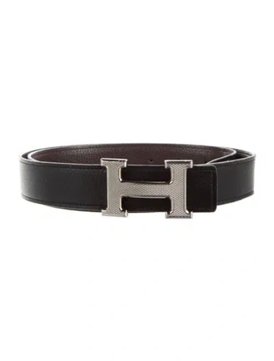 Pre-owned Hermes Reversible 32 Mm H Guilloché Belt Kit In Black