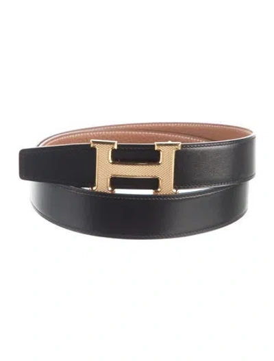 Pre-owned Hermes Reversible 32 Mm H Guilloché Belt Kit In Black/brown